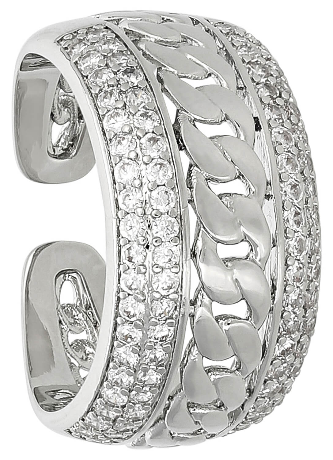 Silberfarbener Ring, Ohrmanschette, Kettenmuster, Strasssteine