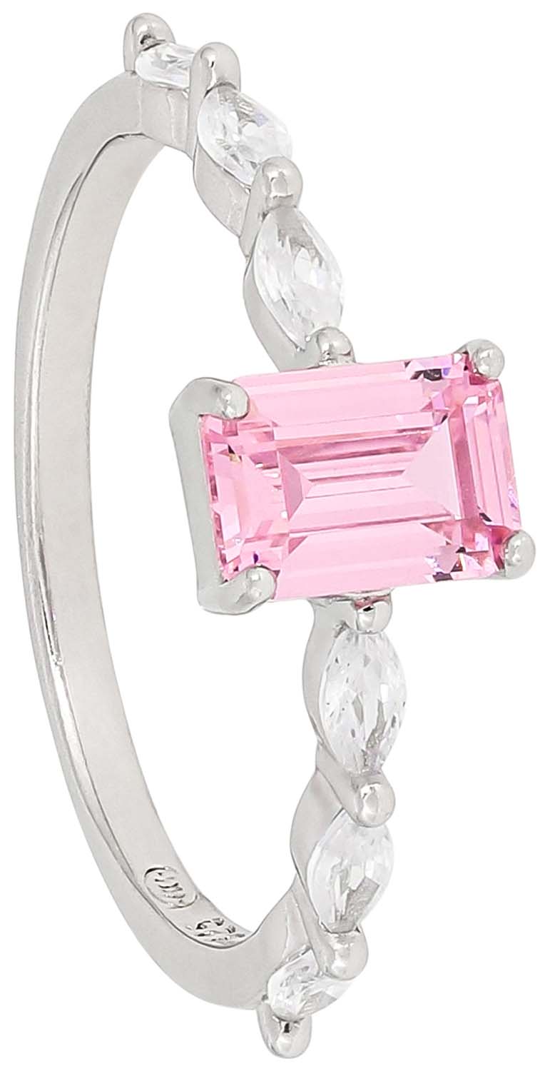 Ring, Silberfarbenes Metall, Rosa Schmuckstein, Rechteckiger Schliff, Klare Seitensteine