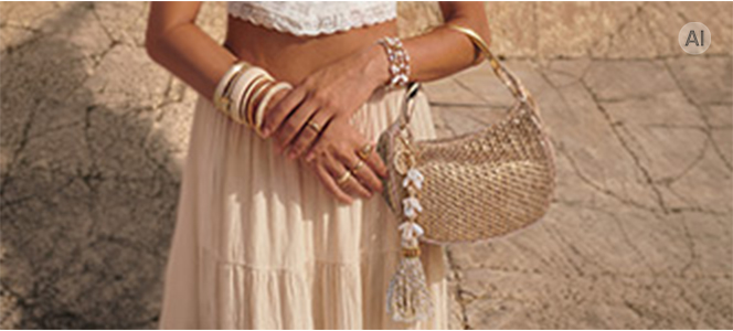 Una persona lleva varios brazaletes en tonos dorados y naturales, pulseras de perlas y varios anillos, combinados con un bolso trenzado con colgantes de conchas y un conjunto veraniego en color crema.