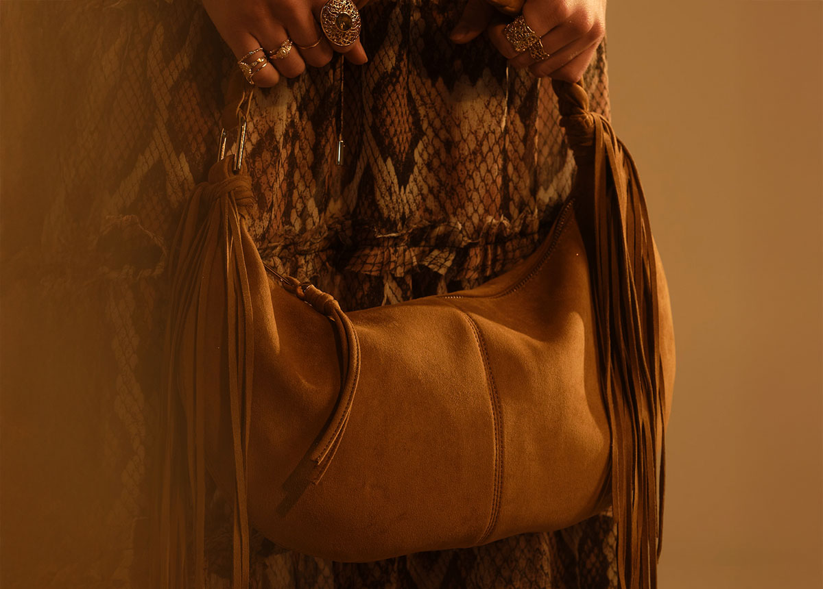 Tasche, Ledertasche, Fringe, Schnallen, Snakeprint