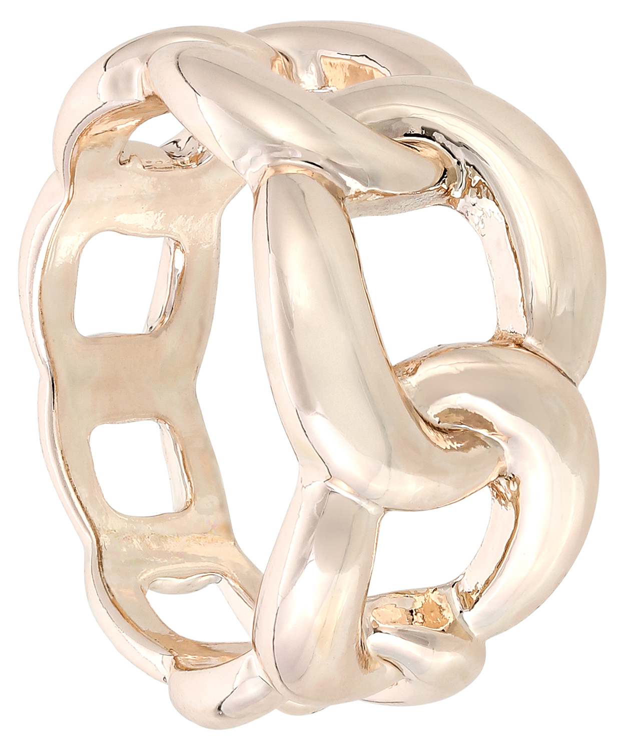 Ring, Kettendesign, goldfarben, glänzendes Metall, breite Form