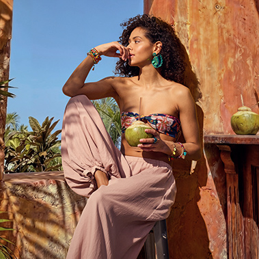 strappy Top, floral pattern, coconut drink, pink wide-leg pants, summer outfit