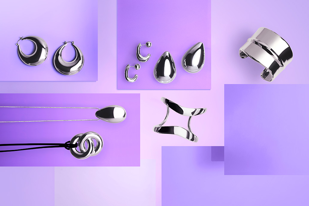 Schmuck, Ohrschmuck, Halskette, Armreif, Silberfarbig