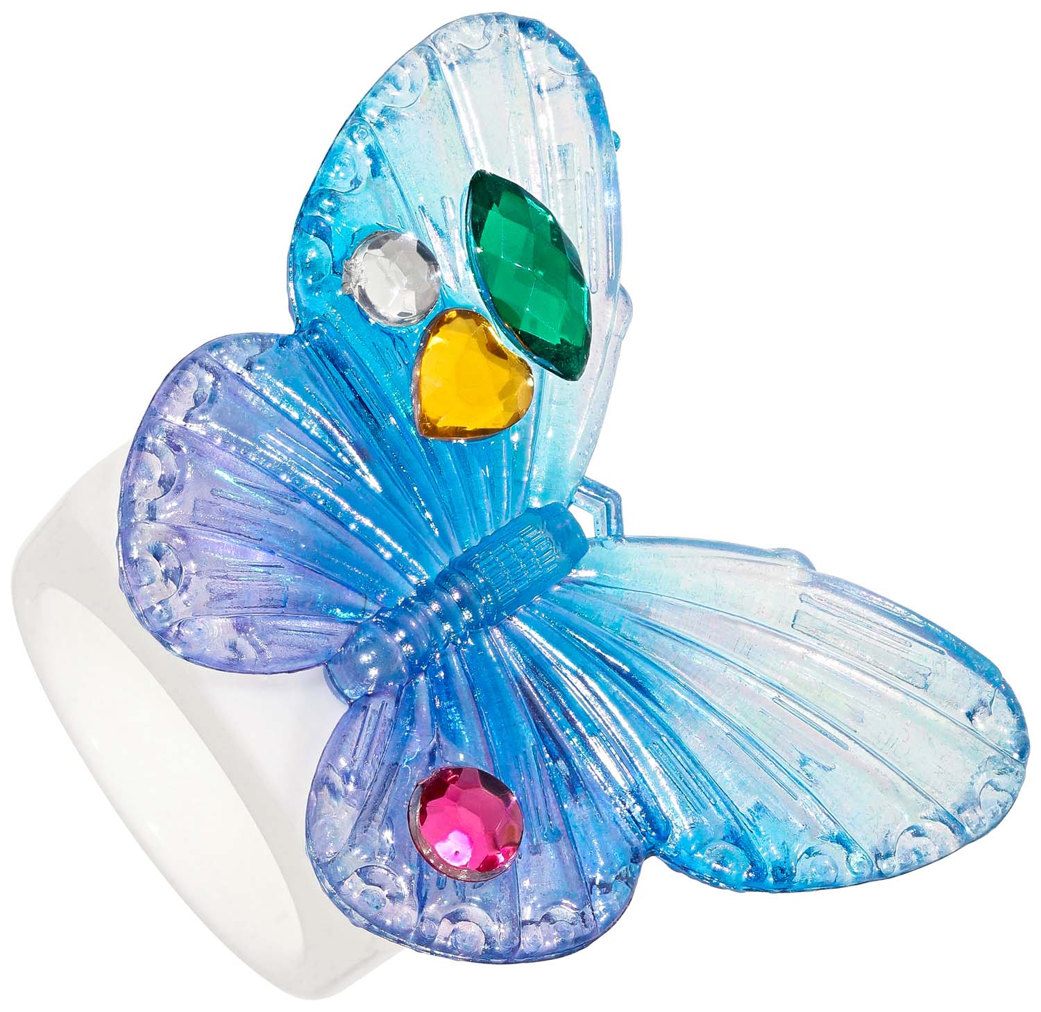 Schmetterlingsring, blauer Kunststoff, bunte Schmucksteine, transparente Flügel