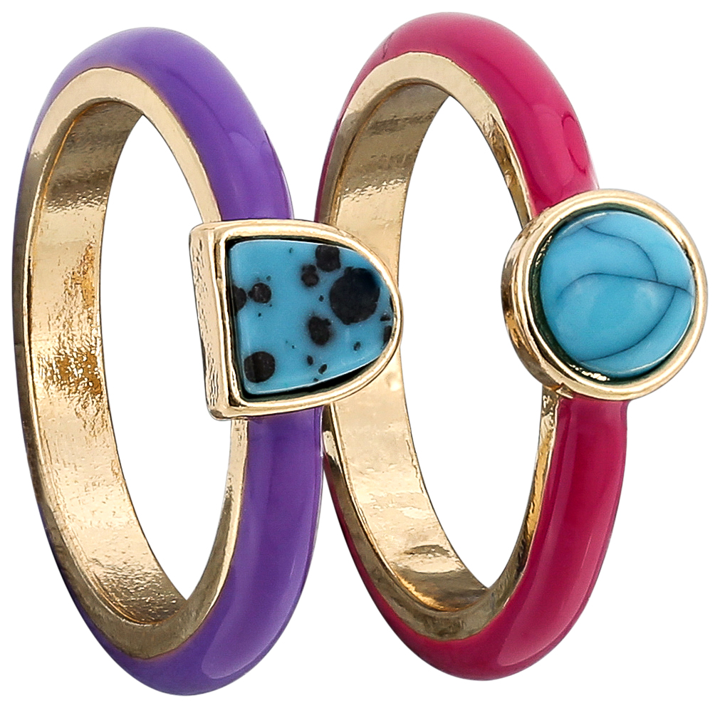 Ring-Set, Emaille-Ringe, Goldfarben, Lila und Pink, Türkisfarbene Steine