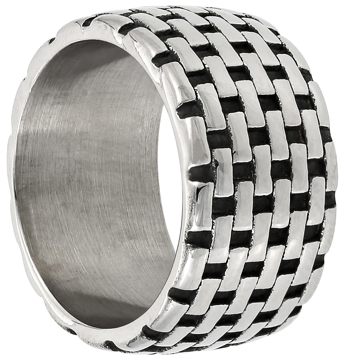 Ring, Silberfarben, Breiter Ring, Geflochtenes Muster, Schwarze Akzente