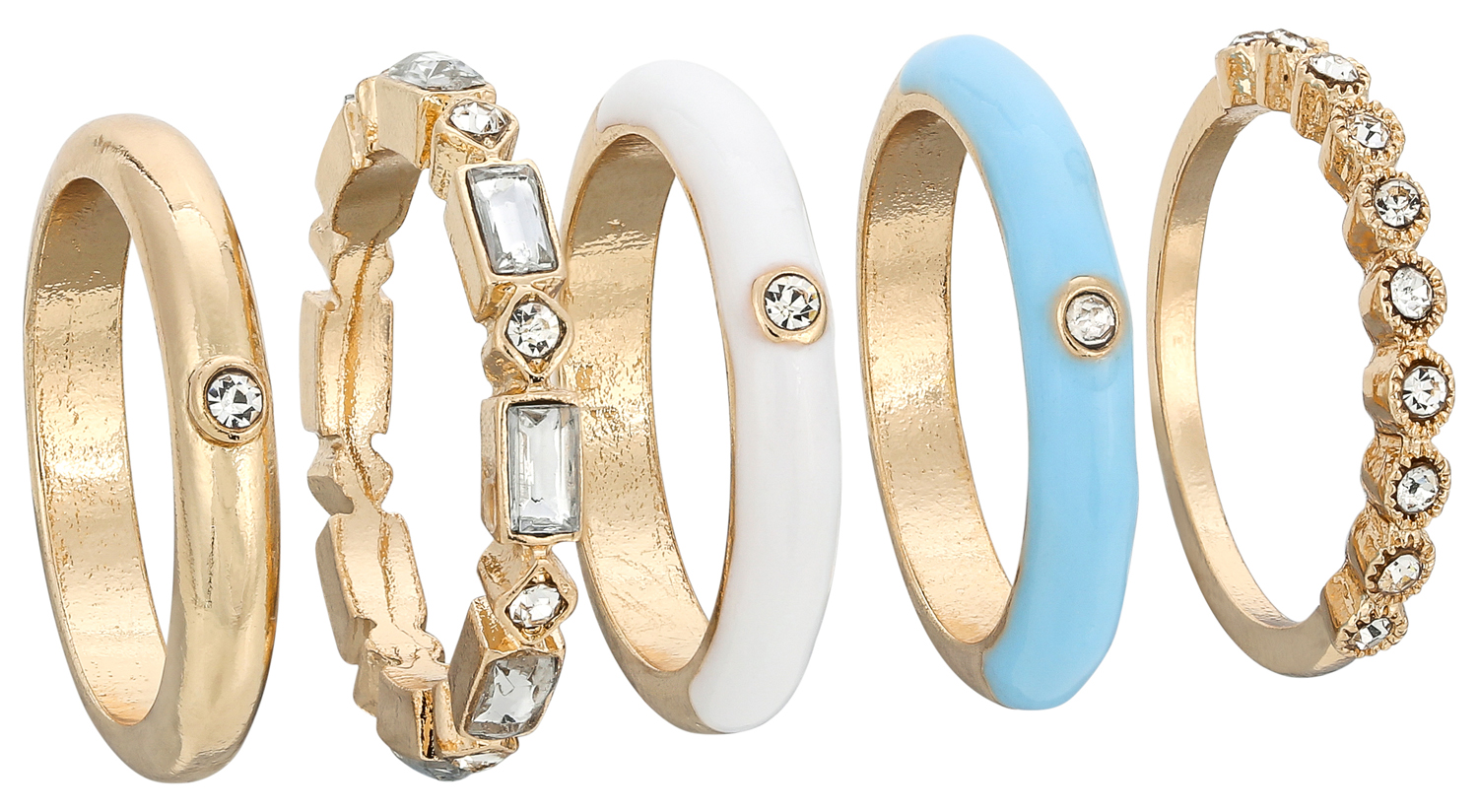 Ring-Set, goldfarben, Strasssteine, weiße Emaille, blaue Emaille