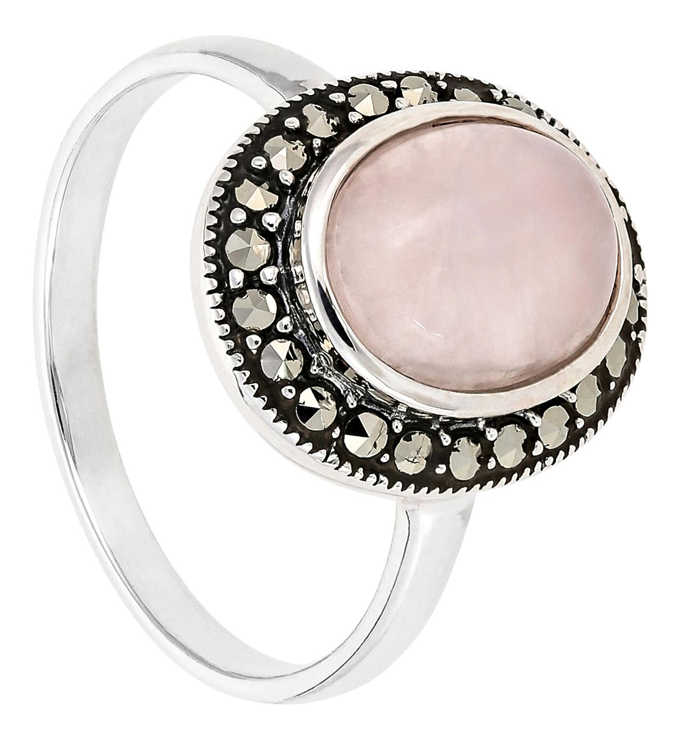 Ring, Rosenquarz, Silberfarben, Markasitsteine, Ovaler Stein