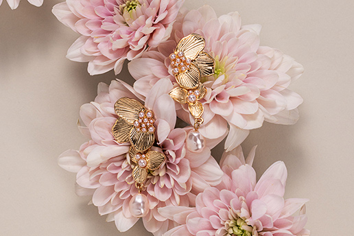 ohrringe, gold, rosa, blumen, perlen