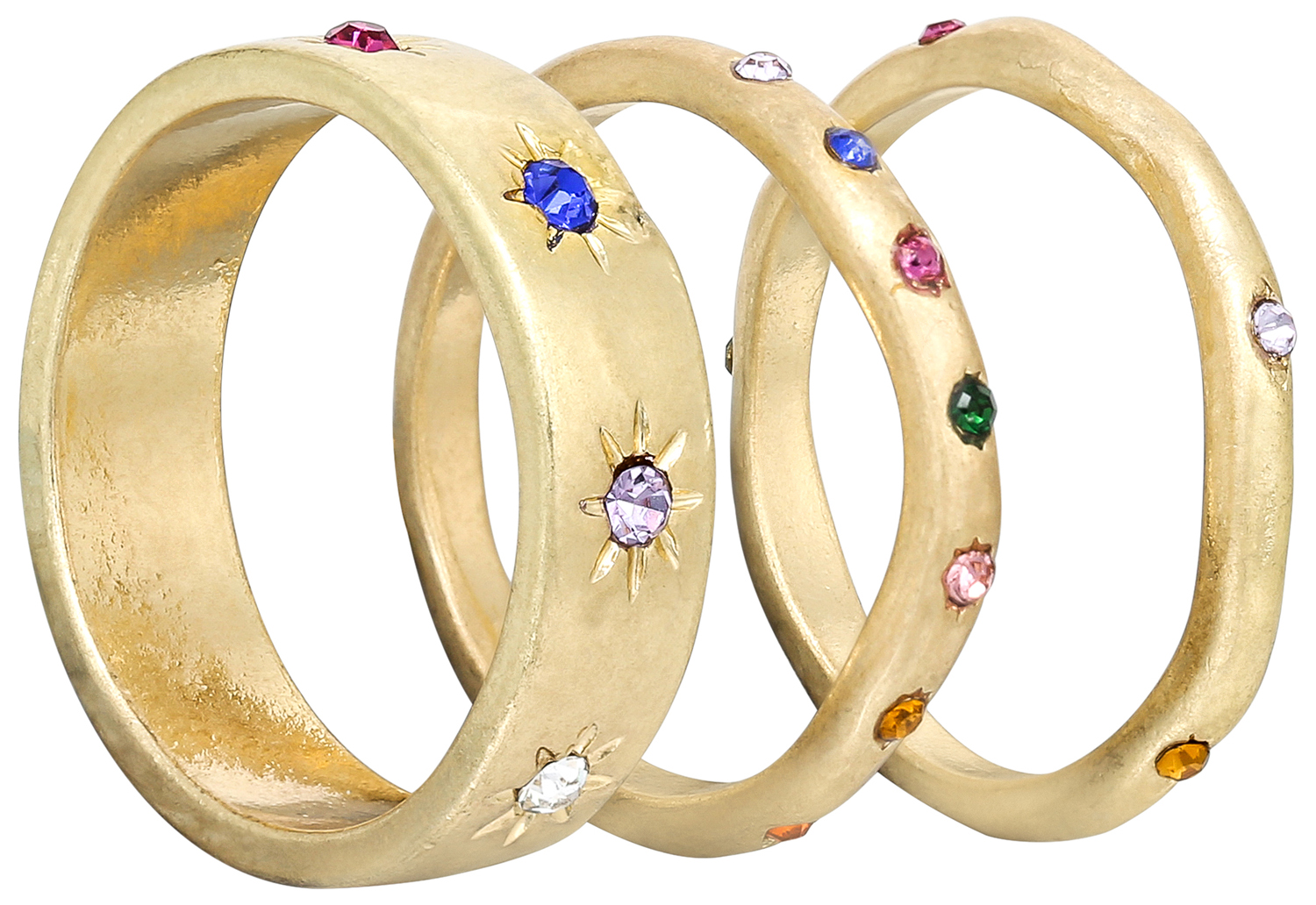 Ring-Set, Goldfarben, Mehrfarbige Steine, Sternfassung, Breite Ringe