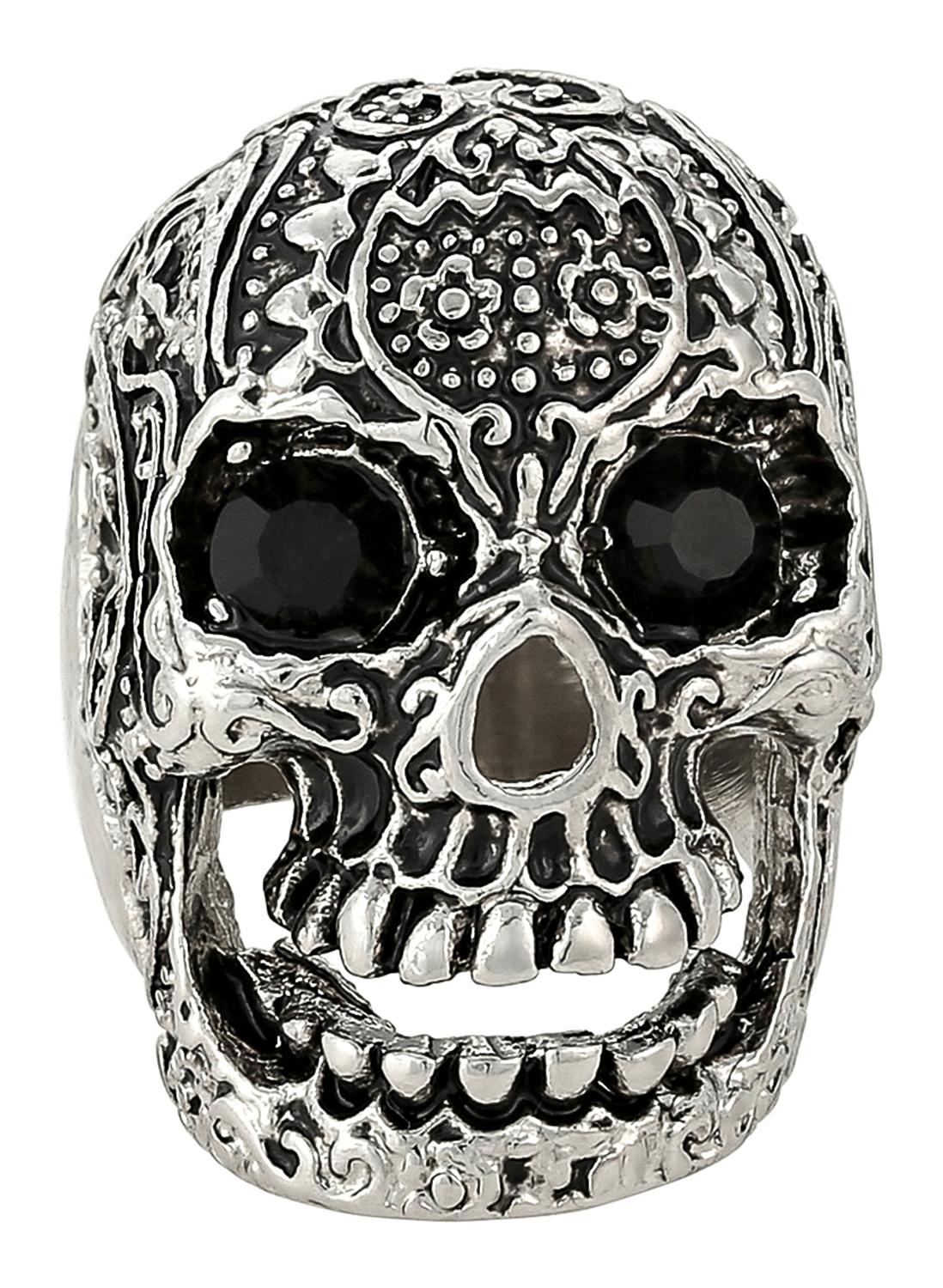 Totenkopfring, silberfarben, schwarze Steine, ornamentiertes Design