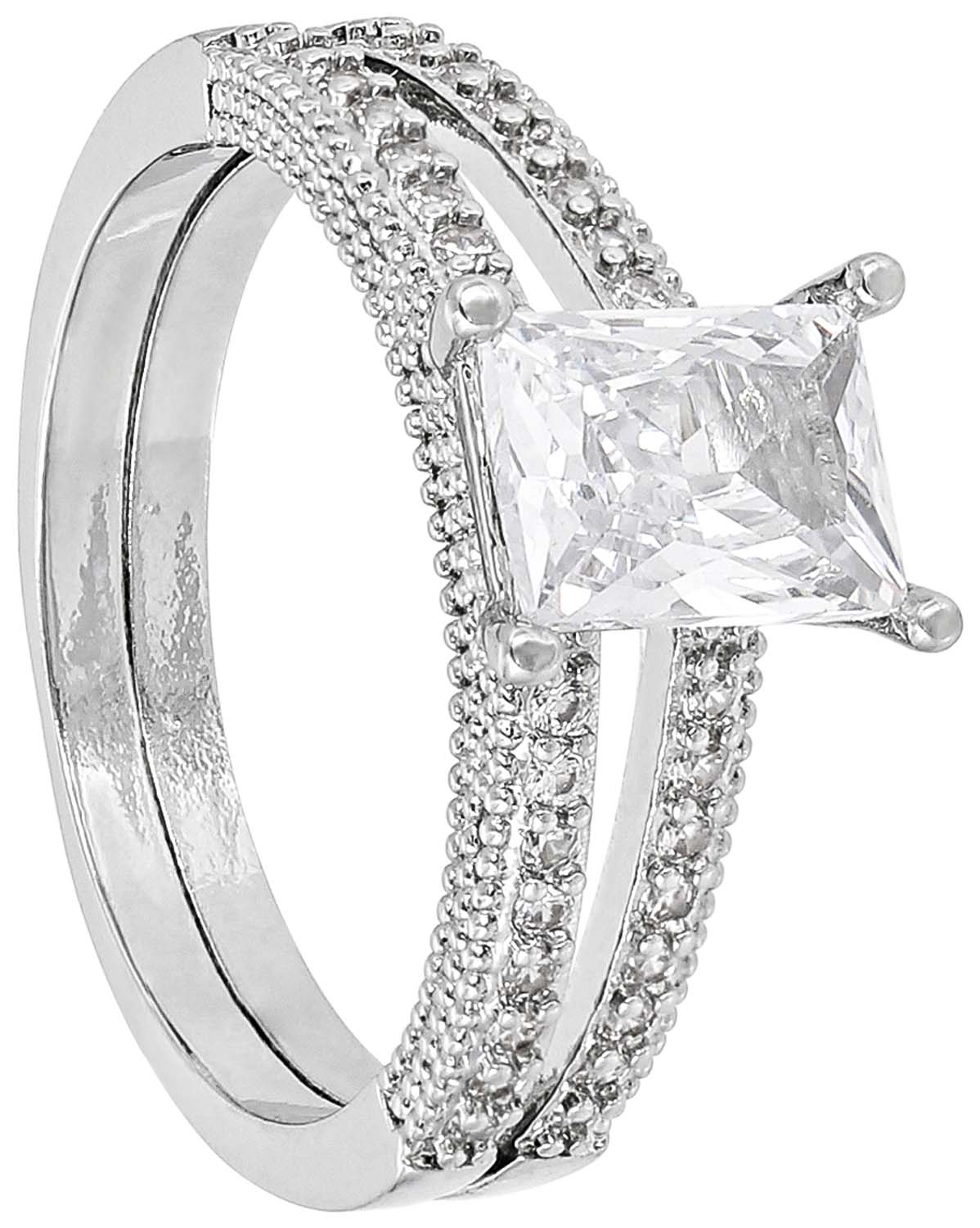 Ring, silberfarbenes Metall, klarer Zirkonia, Princess-Schliff, Pavé-Fassung