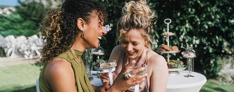 two women, glasses, outdoor party, cake stand, table setting