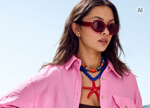  Un paio di occhiali da sole è presentato con stile insieme a una collana colorata e a un outfit estivo.