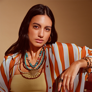 Streifen, geschichtete Schmuckstücke, Perlenkette, Orange-Weiß, Damenmode