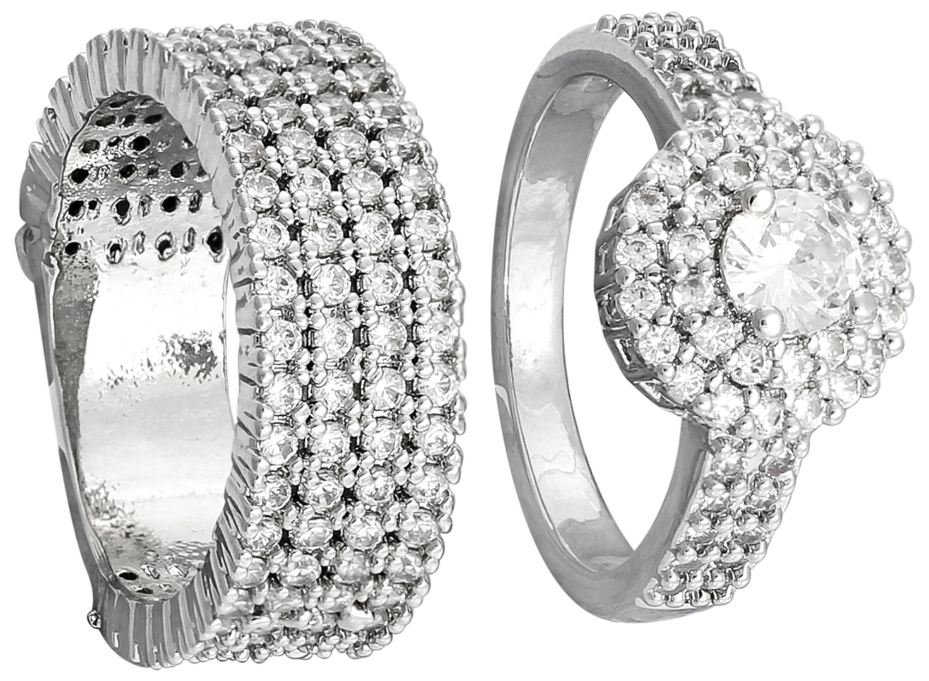 Ring, Silberfarben, Runder Mittelstein, Strasssteine, Halo-Fassung