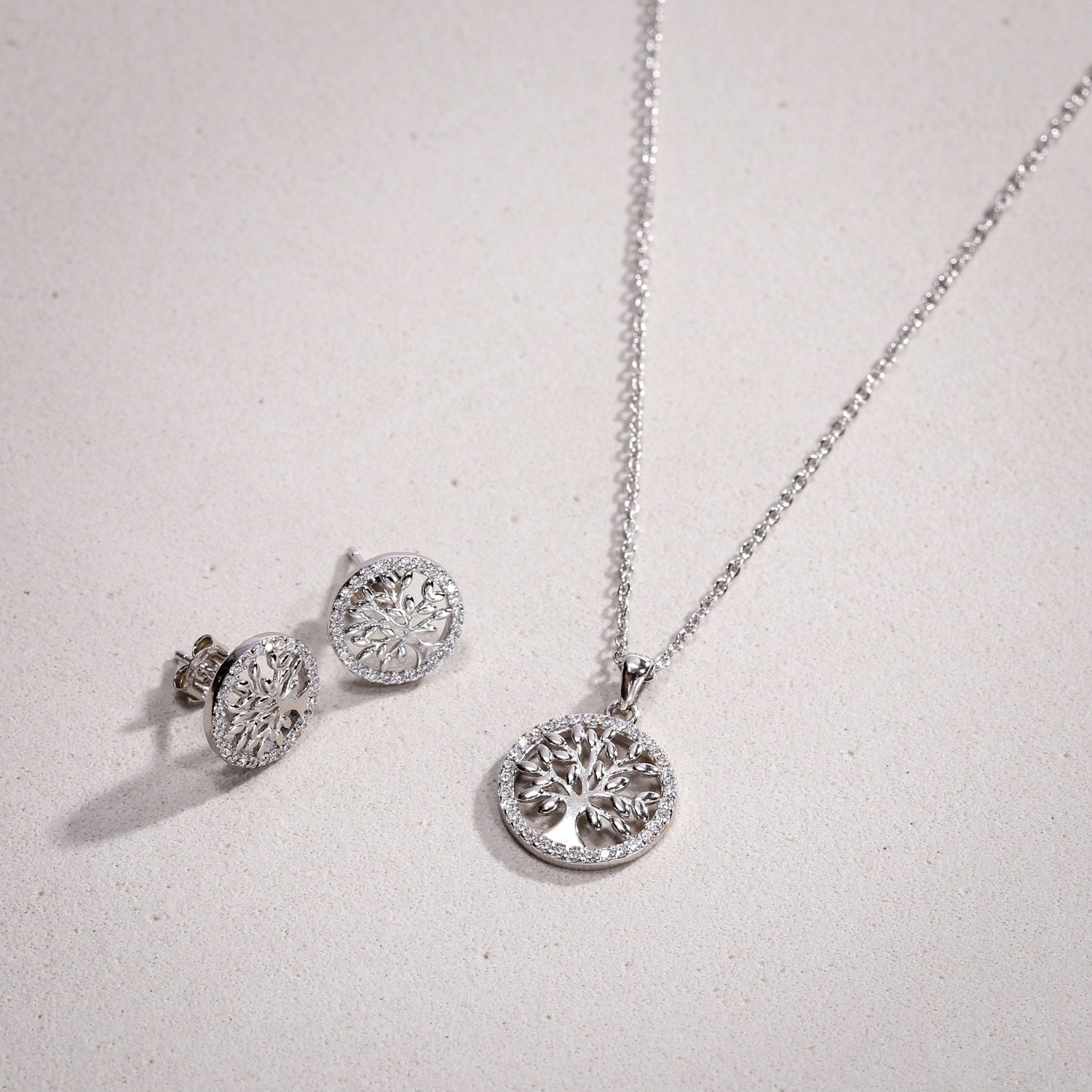 Schmuckset, Halskette, Ohrstecker, Lebensbaum-Motiv, Silberfarben