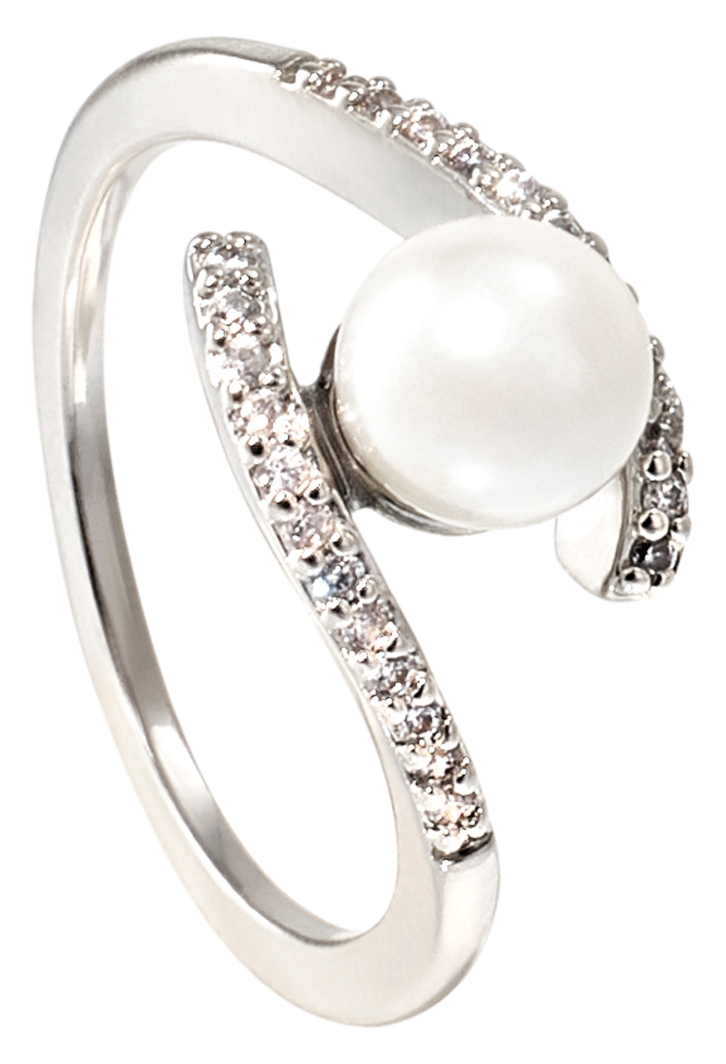 Ring, Perlenring, weiße Perle, silberfarben, Zirkonia