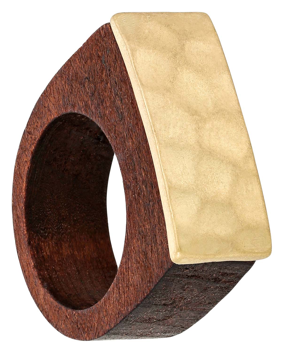Holzring, Dunkles Holz, Goldfarbene Platte, Breiter Ring