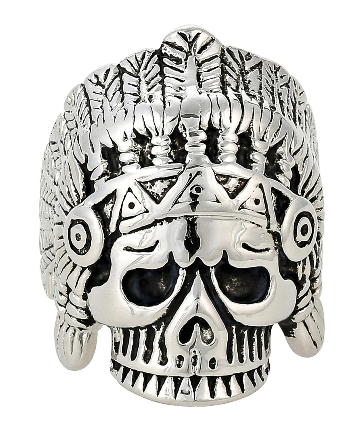Totenkopfring, Silberfarben, Federkopfschmuck, Reliefverzierung