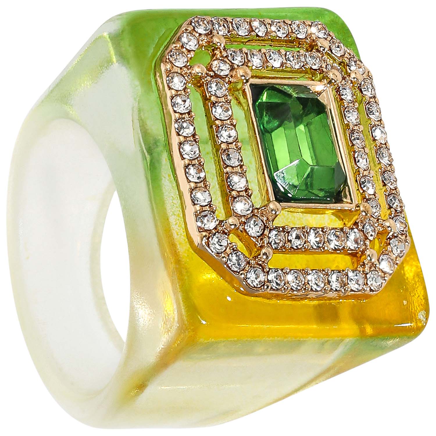 Ring, Grüner Schmuckstein, Strasssteine, Goldfarbene Fassung, Breiter Ring