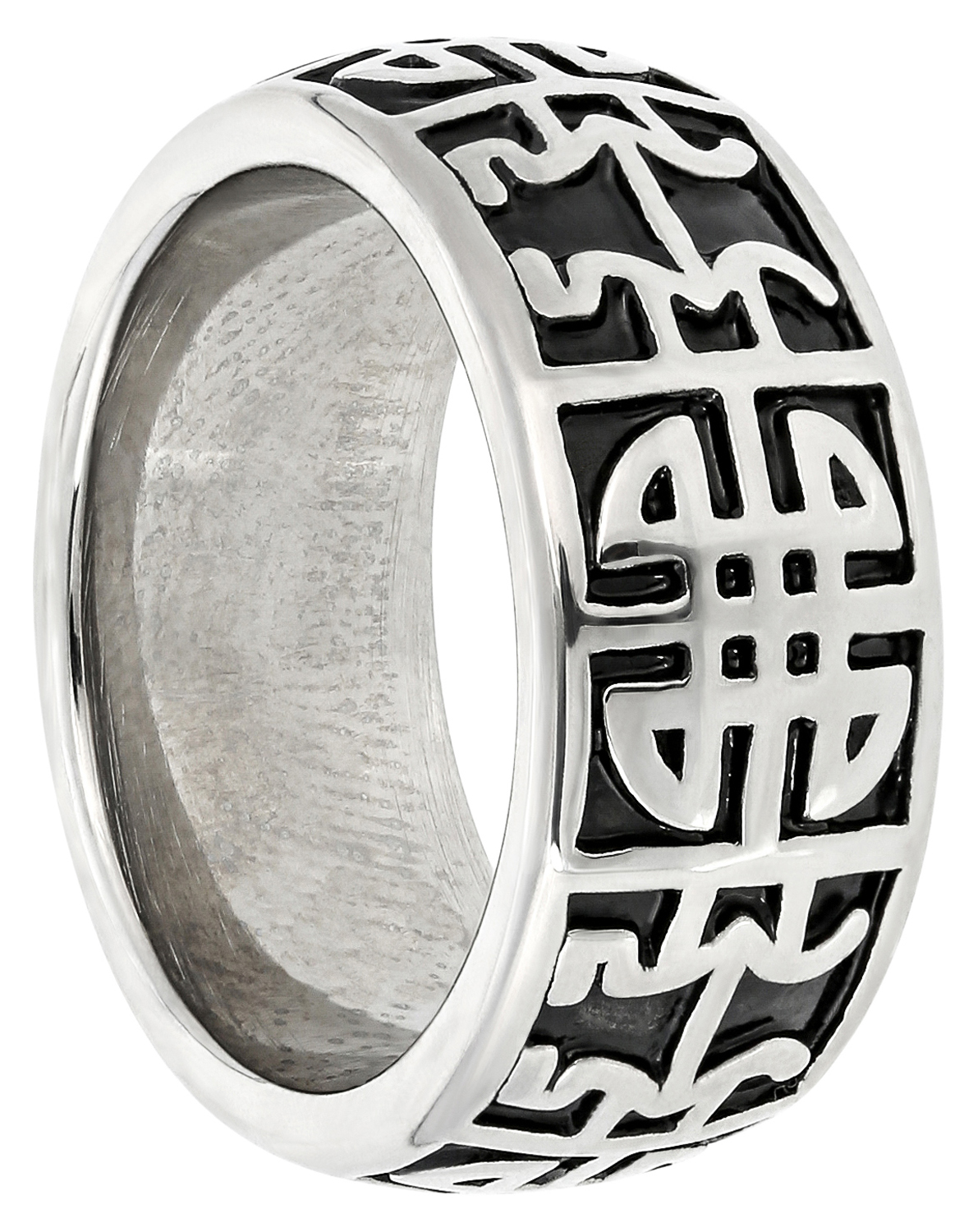 Ring, Silberfarben, Breiter Ring, Schwarzes Muster, Geometrische Ornamente