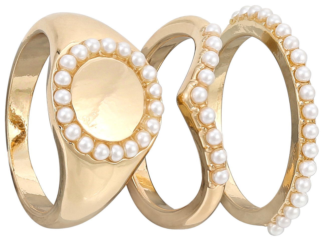 Ring-Set, Goldfarben, Perlenbesatz, Dreiteilig, Runde Fassung