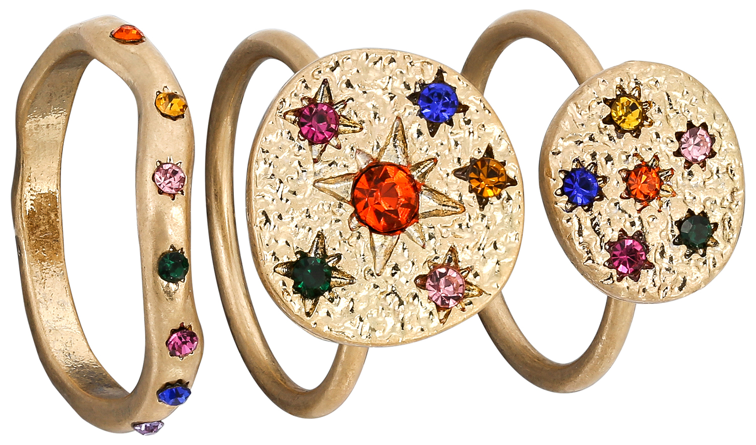 Goldfarbene Ringe, Farbige Schmucksteine, Strukturierte Oberfläche, Sternmotiv, Dreiteiliges Set