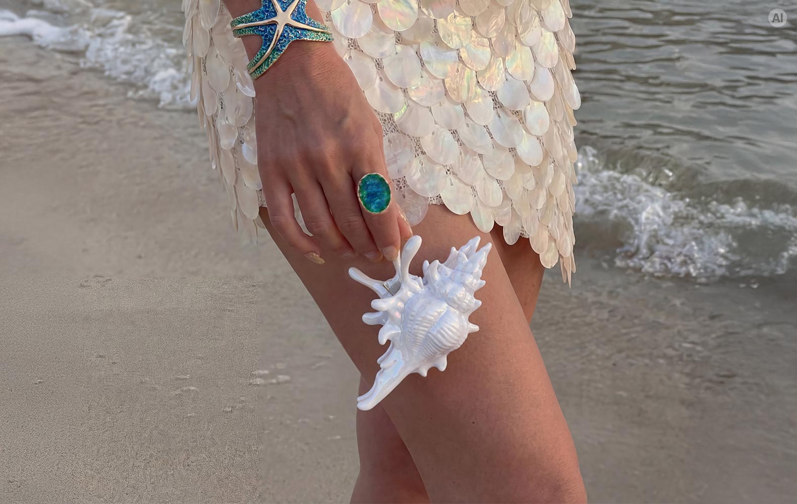 Una persona lleva un llamativo brazalete con motivo de estrella de mar y un anillo con una piedra brillante en tonos azul y verde, combinados con un vestido de lentejuelas iridiscentes frente a un paisaje marino.