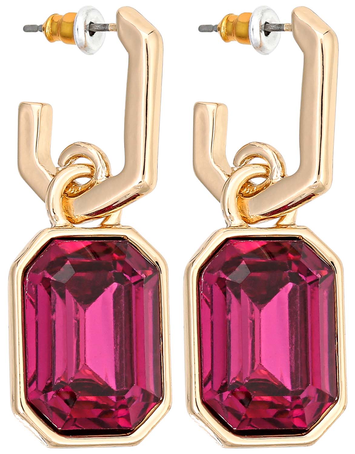 Ohrringe, Creolen, goldfarbenes Metall, pinkfarbener Stein, rechteckiger Schliff