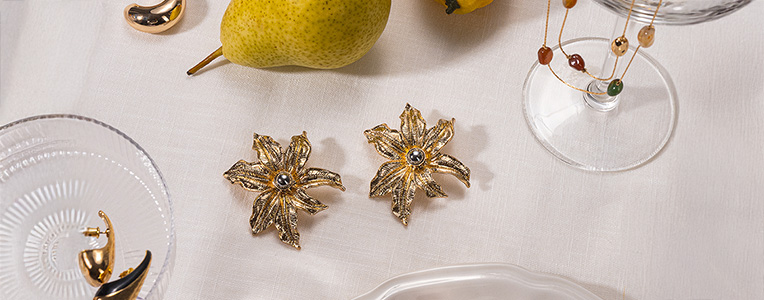 ohrringe, gold, blumen, edelstein, statement