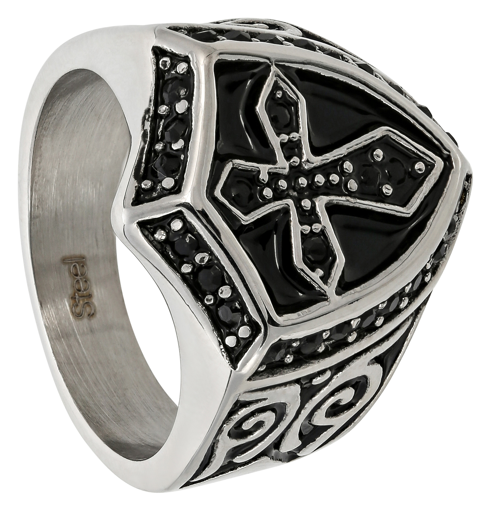 Herrenring, Edelstahl, Silberfarben, Schwarzer Stein, Kreuzmotiv