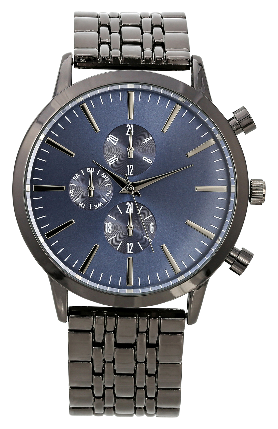Uhr, Analog, blauer Zifferblatt, Metallarmband, Chronograph