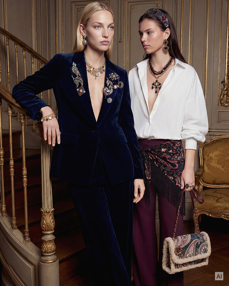 Velvet suit, Embellished blazer, Navy blue, Floral embroidery, Statement jewelry
