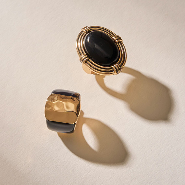 Statement-Ring, Ovaler schwarzer Stein, Gold-Ton, Geometrischer Ring, Zweifarbiges Ring
