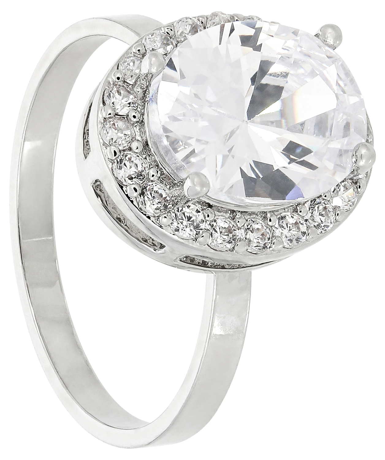 Ring, silberfarbenes Metall, klarer Schmuckstein, Steinbesatz, Halo-Fassung