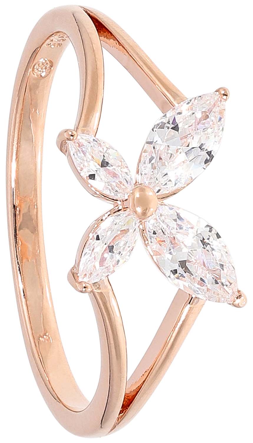 Ring, Roségoldfarben, Blütenmotiv, Klare Schmucksteine