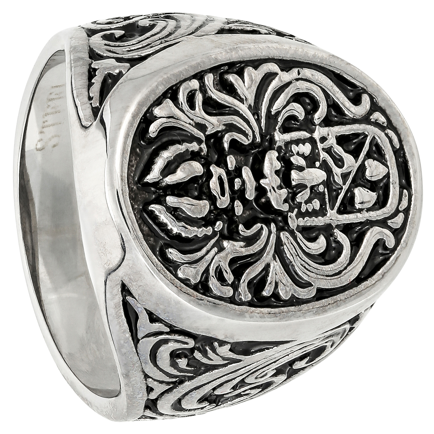Herrenring, Silberfarben, Ornamentmuster, Schwarze Emaille