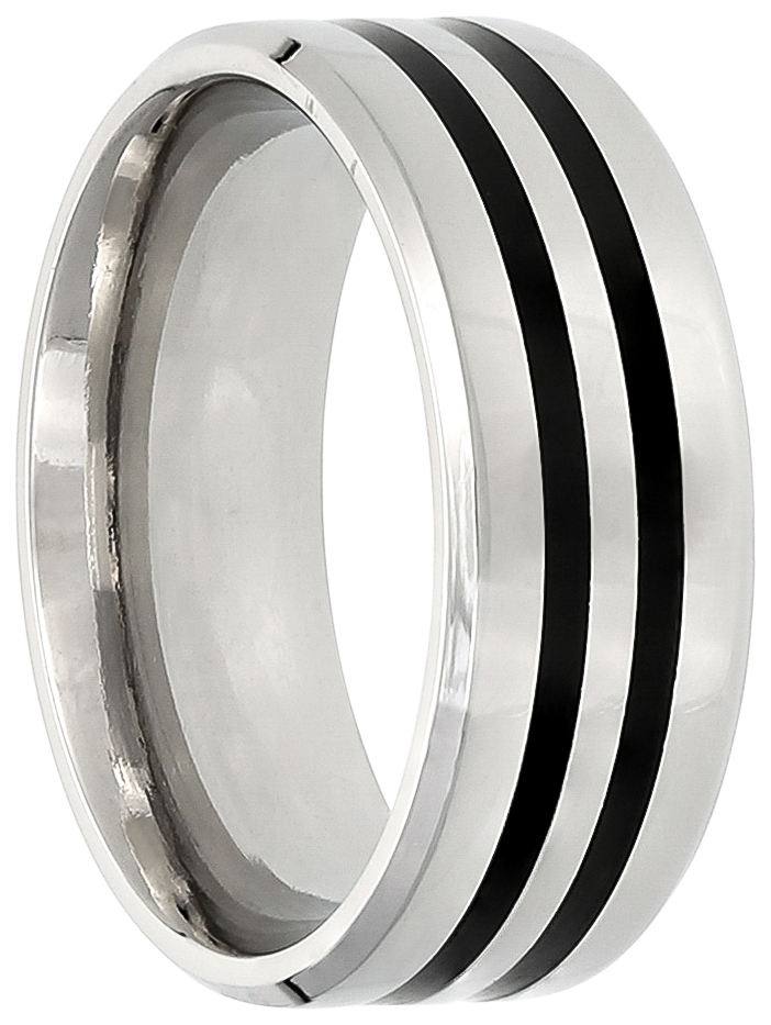 Ring, Edelstahl, Silberfarben, Schwarze Streifen, Breite Ringschiene