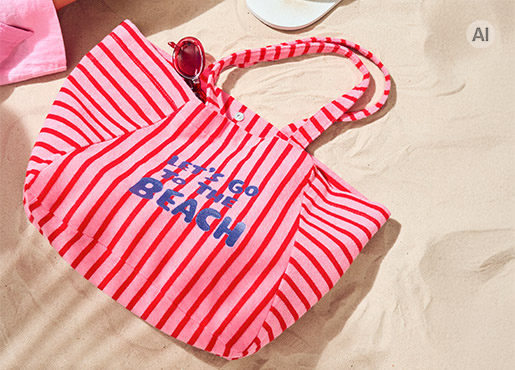 Una borsa da spiaggia a righe rosa e rosse con la scritta «Let’s Go Beach» dona un tocco allegro ed estivo.
