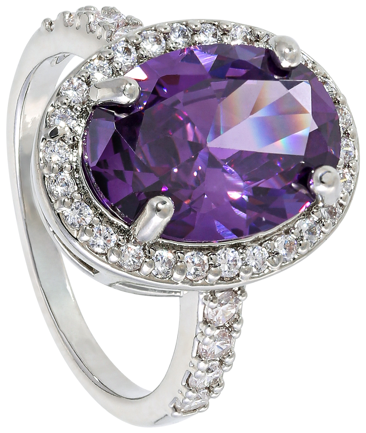 Silberring, violetter Schmuckstein, ovaler Schliff, Strassbesatz, verzierter Ringkopf