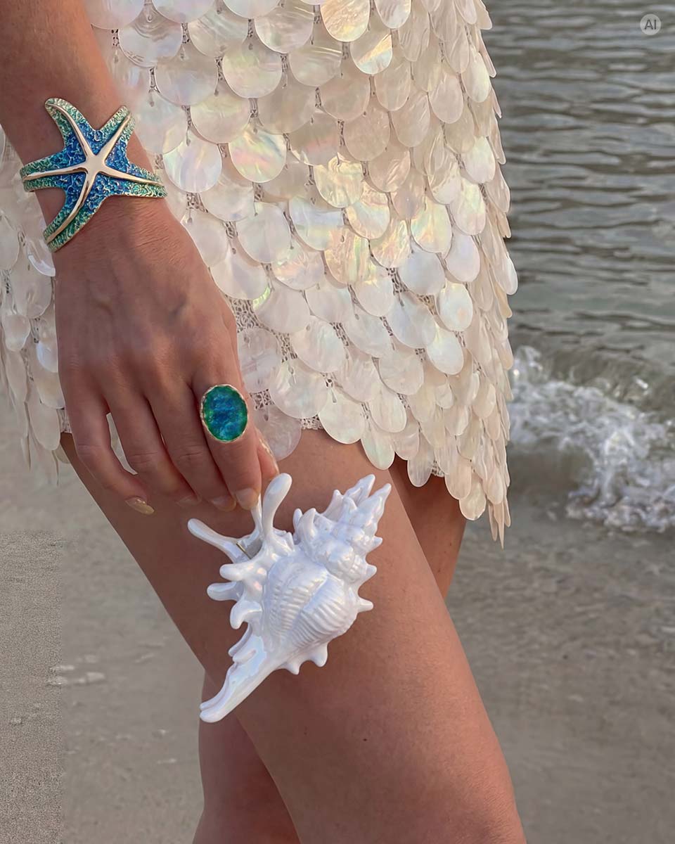 Una persona lleva un llamativo brazalete con motivo de estrella de mar y un anillo con una piedra brillante en tonos azul y verde, combinados con un vestido de lentejuelas iridiscentes frente a un paisaje marino.