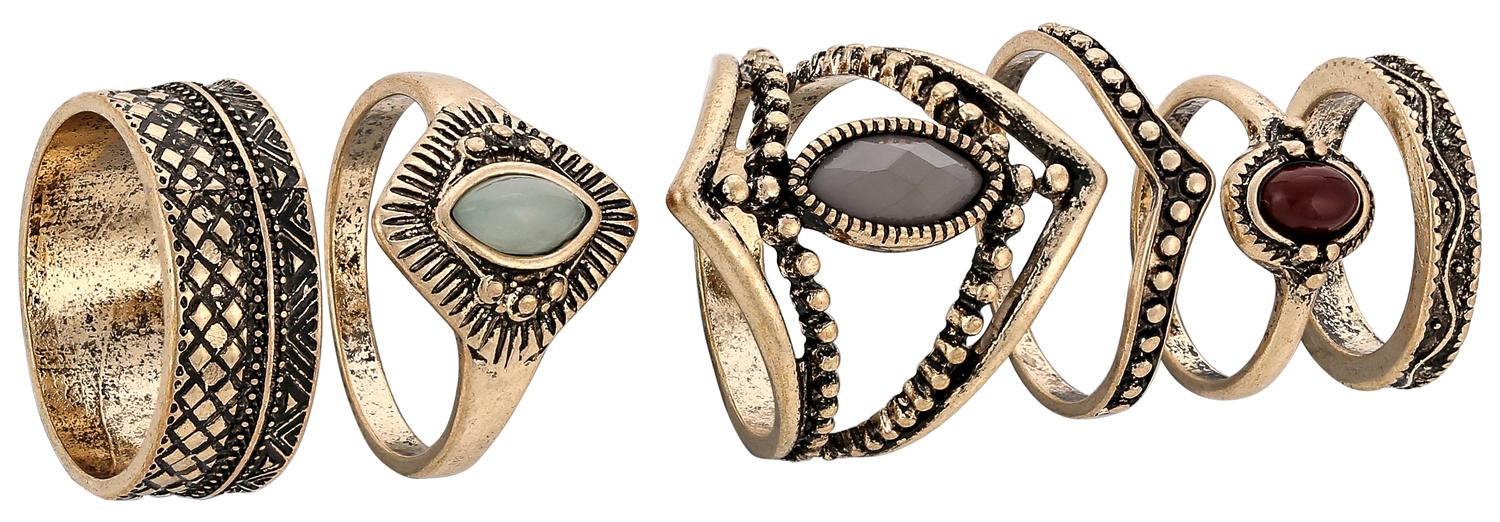 Ring-Set, goldfarbenes Metall, Vintage-Muster, Ziersteine, mehrere Ringe
