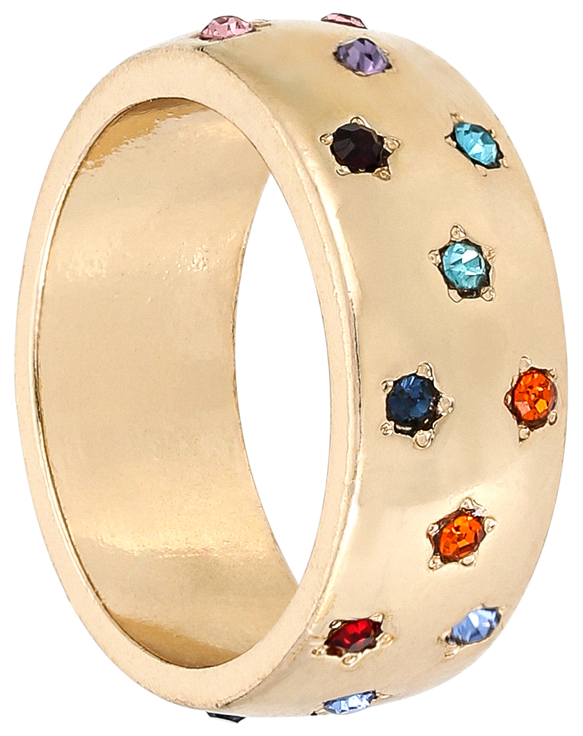Breiter Ring, Goldfarbenes Metall, Bunte Schmucksteine, Rundum besetzt, Fassung mit Krappen