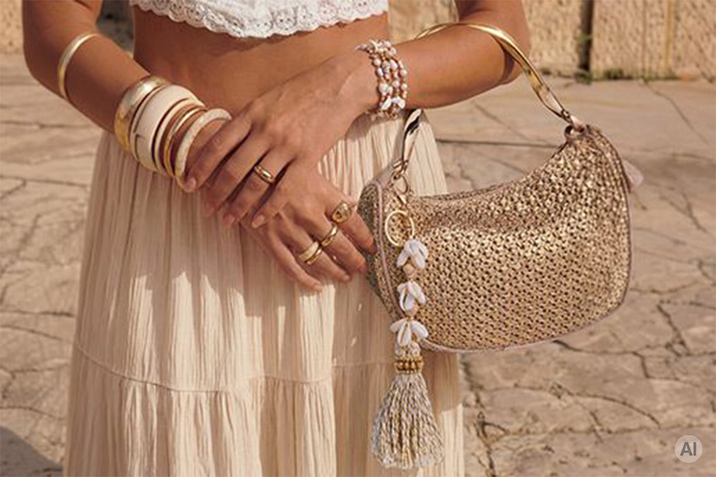 Una persona lleva varios brazaletes en tonos dorados y naturales, pulseras de perlas y varios anillos, combinados con un bolso trenzado con colgantes de conchas y un conjunto veraniego en color crema.