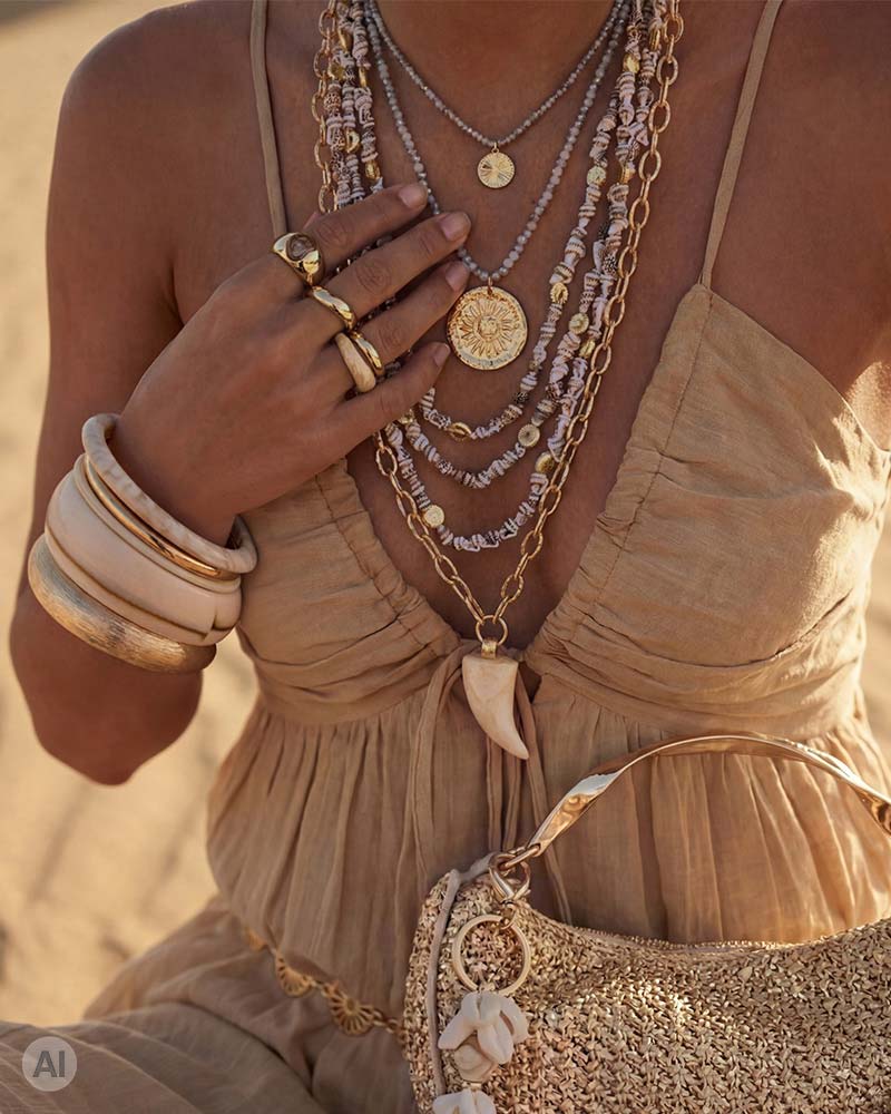 Une personne porte plusieurs colliers superposés ornés de perles, de pendentifs coquillages et médaillons, ainsi que des bagues remarquables et des bracelets aux tons naturels, associés à une robe beige et un sac tressé.