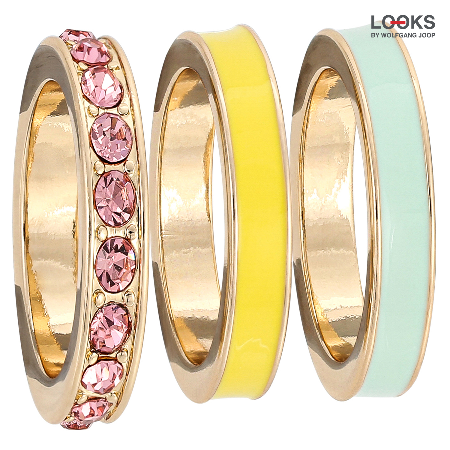 Ring-Set, goldfarben, rosa Strasssteine, gelber Emaille, mintgrüner Emaille