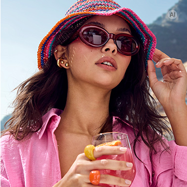 Una persona indossa un cappello all'uncinetto colorato, occhiali da sole, diversi orecchini dorati e vistosi anelli, abbinati a una camicia rosa acceso.
